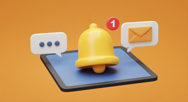 Notification bell with notification alerts on a tablet. Notification bell with message and email notification. 3d rendering of notification bell and alerts