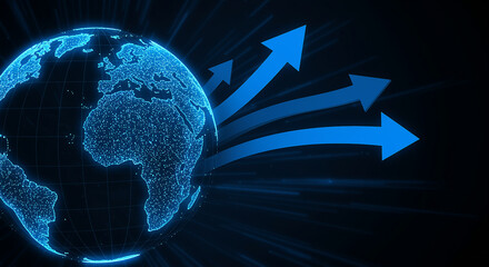 Poster - Digital globe with blue arrows pointing up. Global network with digital earth globe and arrows