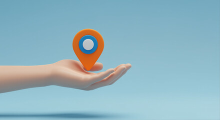 Poster - Map pin location marker in hand. Orange map pin with white and blue circle held in hand