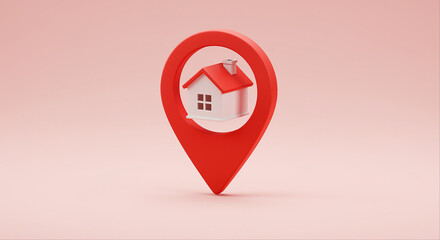 Poster - House icon in red location pin. Home inside location pin on pink background