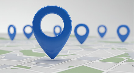 Poster - Blue location pins on map. Location markers on a map background