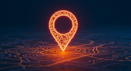 Poster - Glowing location pin on a map. Location pin is glowing with orange color on the dark background