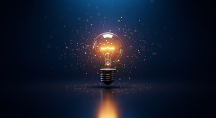 Poster - Glowing light bulb on dark background with sparkles. Light bulb illuminates with bright light on a dark surface