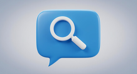 Poster - Magnifying glass search icon on blue speech bubble. White magnifying glass search icon on blue speech bubble graphic design