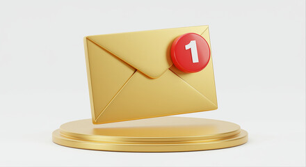 Poster - Golden envelope with email notification on a stand. Email notification with number one on a golden envelope
