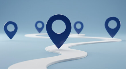 Poster - Location pin on a white path. Location pins on a blue background with a white path. Navigation with location pins