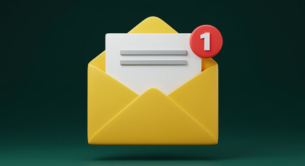 Poster - Email icon with notification. Yellow email with white message and red notification number one. Email notification icon