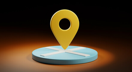 Poster - Yellow location pin on a light blue platform with white cross. Location pin is a 3d render