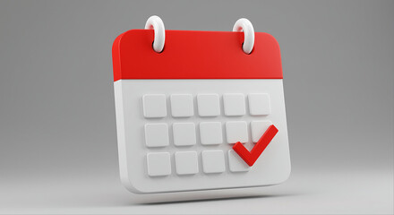 Poster - 3D calendar with red check mark. 3D rendering of calendar with red check mark on gray background