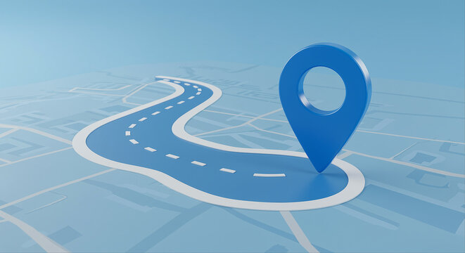 Map pin on a road map with location marker. Blue map pin on a blue road with white dashed lines
