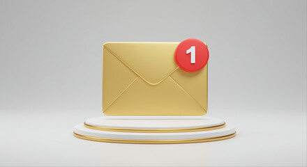 Poster - Gold envelope with red notification badge showing number one. Mail notification on a white podium