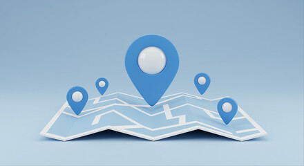 Poster - Map with location markers on a light blue background. Location markers on a map with light blue background
