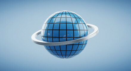 Aufkleber - 3D globe with rings on light blue background. Technology globe with silver ring around it. 3D rendered globe with grid pattern