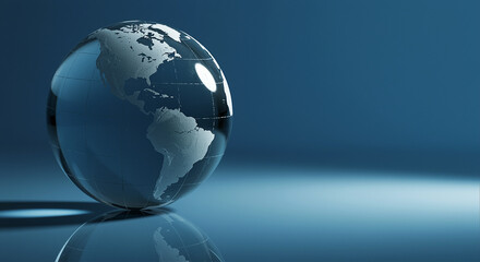 Poster - Glass globe on blue background. Glass globe with world map on reflective surface. Globe on blue background