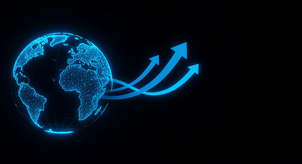 Poster - Digital globe with blue arrows pointing up. Global technology concept with digital globe and arrows