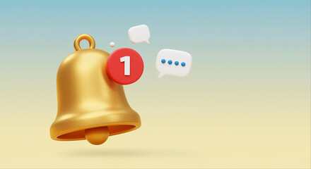 Fototapete - Notification bell with new message notification and speech bubble. 3d notification bell with new message. Notification bell with speech bubble