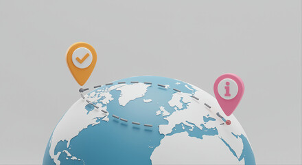 Poster - Globe with global travel route and world map markers. Global travel route on world map with location markers