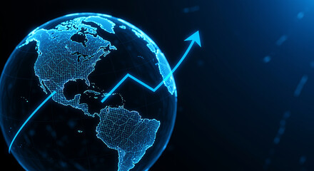 Poster - digital globe with rising arrow. data visualization of global growth. globe with digital data