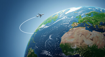 Poster - Airplane flying over the Earth with a white trail. Air travel around the globe
