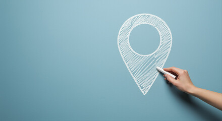 Poster - Location marker drawn on wall with chalk. Hand drawing location marker on blue wall. Graphic design of location marker
