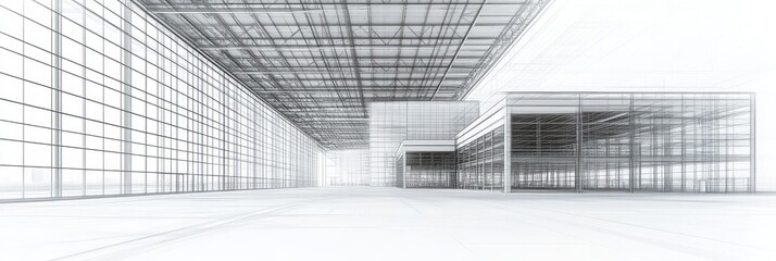 Fototapete - Minimalist architectural sketch showcasing a spacious interior with glass walls and a modern structural design.