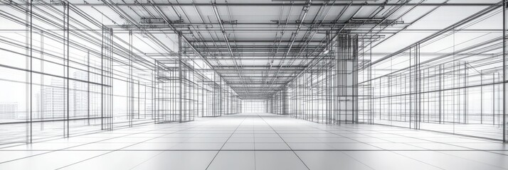 Fototapete - A minimalistic architectural blueprint illustrating a spacious interior with a grid layout, emphasizing design and structure.