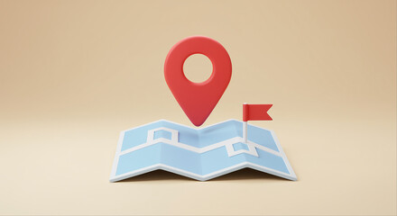 Poster - Map with location pin and flag on a light background. Location pin and flag on a map