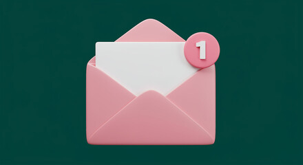 Fototapete - Pink envelope with email notification. Pink envelope with notification icon showing one new message