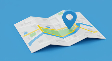 Poster - Map with location pin on blue background. Folded map with location marker