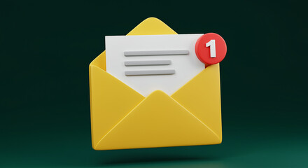 Fototapete - Yellow email envelope with notification. Email notification with number one. Open email envelope with paper inside
