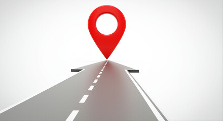 Poster - Red location pin on a gray road with white dashed line. Location pin and road on white background