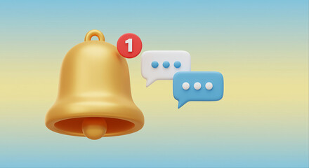 Poster - Bell notification with message alert. Notification bell with chat bubbles. 3d render of bell notification and message alert