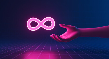 Poster - Glowing infinity symbol floats above hand. Pink infinity symbol and hand in neon style on dark background