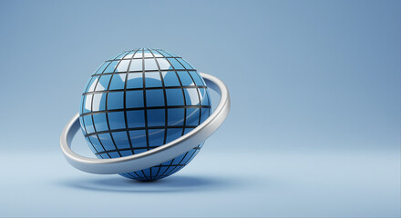 Poster - Globe with ring on blue background. Blue globe with silver ring. Technology globe with ring