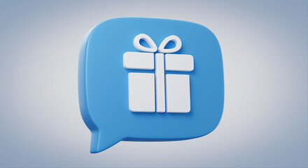 Fototapete - Gift box icon in blue speech bubble. Gift icon with white ribbon. Gift box in a speech bubble