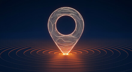 Poster - Location pin with glowing lines on dark background. Location marker with orange glow and concentric circles