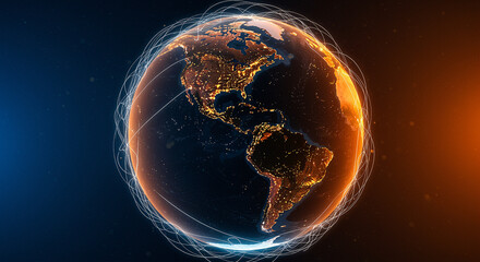 Poster - Earth globe with network connections and lights. Planet Earth with global network. Globe with lights and network connections