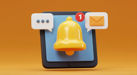 Poster - Notification bell on a tablet with notification messages. Notification bell with new message and notification icon on the tablet