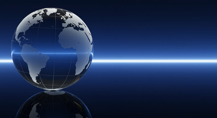 Poster - Globe on reflective surface with light line. Globe with earth continents on dark blue background. Glass globe with reflection