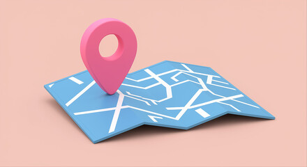 Poster - Map with pink location pin on light background. Blue map with white lines and pink location pin