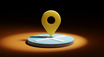Poster - Yellow location marker on a blue platform with white cross. Location marker on a platform for mapping and navigation