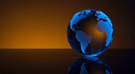 Poster - Blue glass globe on a reflective surface. World globe with continents visible