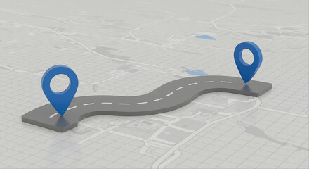 Poster - Map with pins showing a route on a map. Road map with blue pins indicating locations on a gray map
