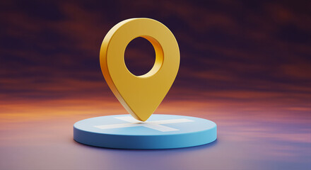 Poster - Yellow location pin on blue platform. Map marker on the surface with sunset background