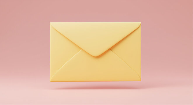 Yellow envelope graphic design. Envelope is shown in 3d rendering. Yellow envelope on pink background