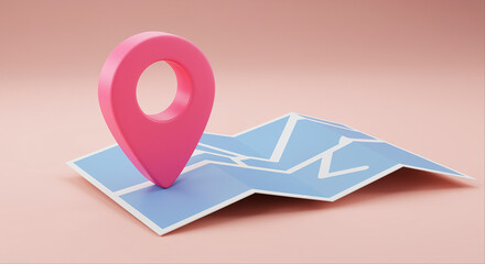 Poster - Pink location pin on a blue map. Map with pink location pin