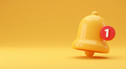 Poster - Notification bell with notification icon showing number one. 3d render of notification bell with red notification icon. Notification bell on yellow background