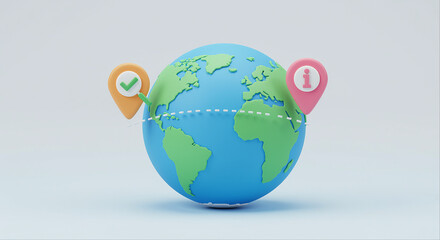 Poster - Globe with global travel route and map pins. World map with location markers and dotted line path