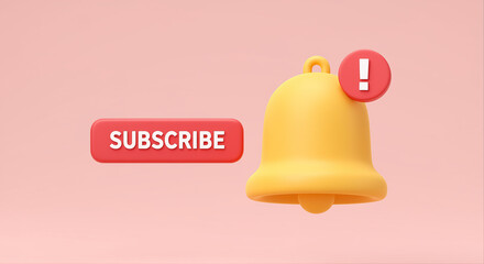 Poster - Notification bell with alert symbol and subscribe button. 3d notification bell with subscribe button. Red subscribe button and yellow notification bell with alert symbol