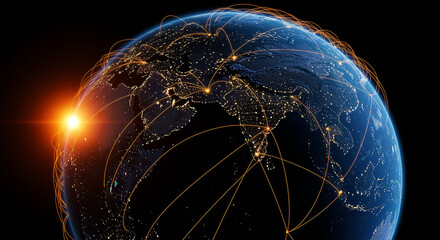 Poster - Earth with global network connections and technology connections. The image shows the planet with interconnected lines representing global communication and technological advancements